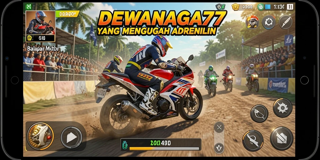 Gameplay seru DEWANAGA77 saat balapan motor di trek yang menantang.
