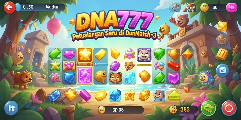 Screenshot utama DNA777 menampilkan gameplay match-3 yang menarik.