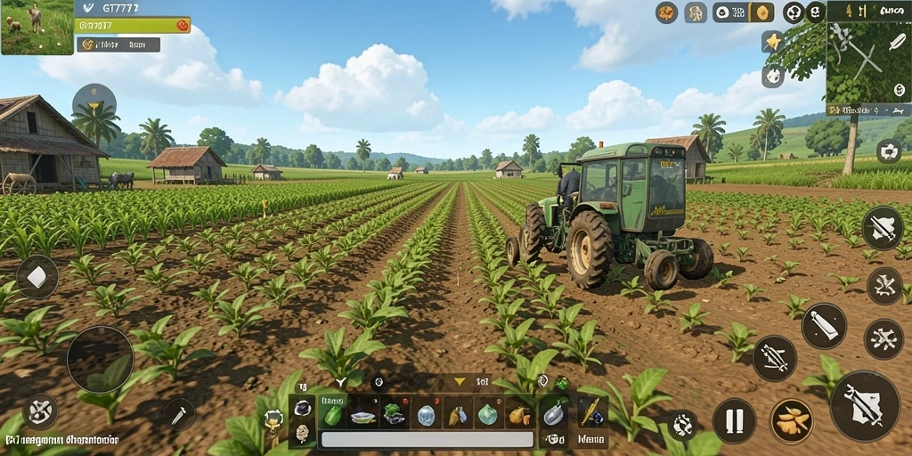 Screenshot gameplay menunjukkan kebun yang indah dan tanaman beragam.