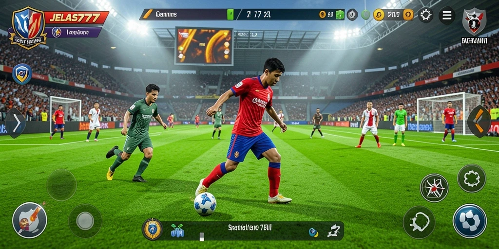 Screenshot utama JELAS777 menampilkan gameplay aksi sepak bola yang mendebarkan.
