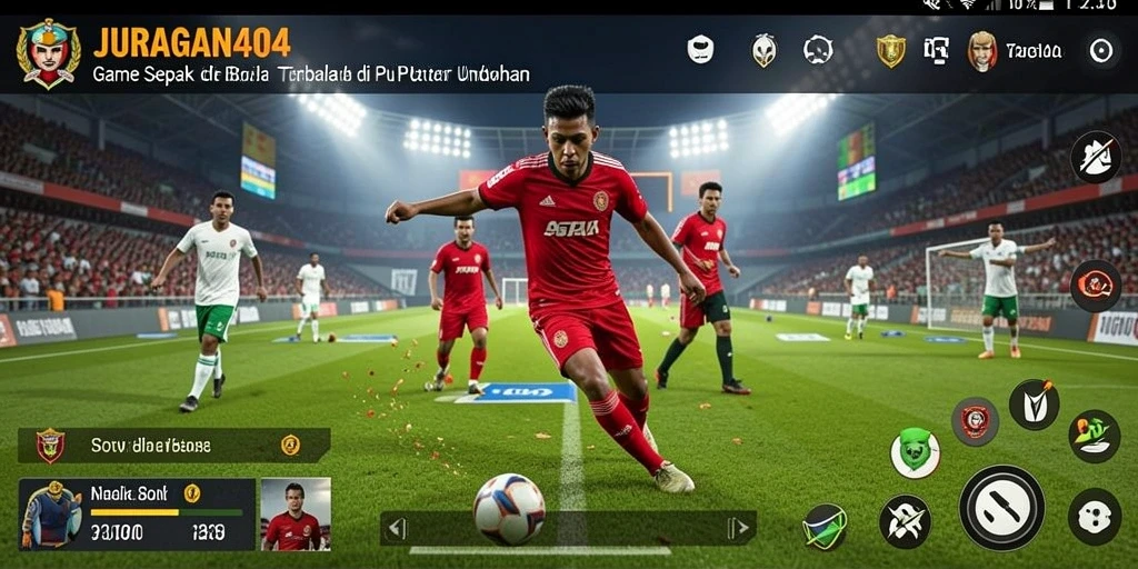 Screenshot utama JURAGAN404 menunjukkan momen seru dalam pertandingan sepak bola.