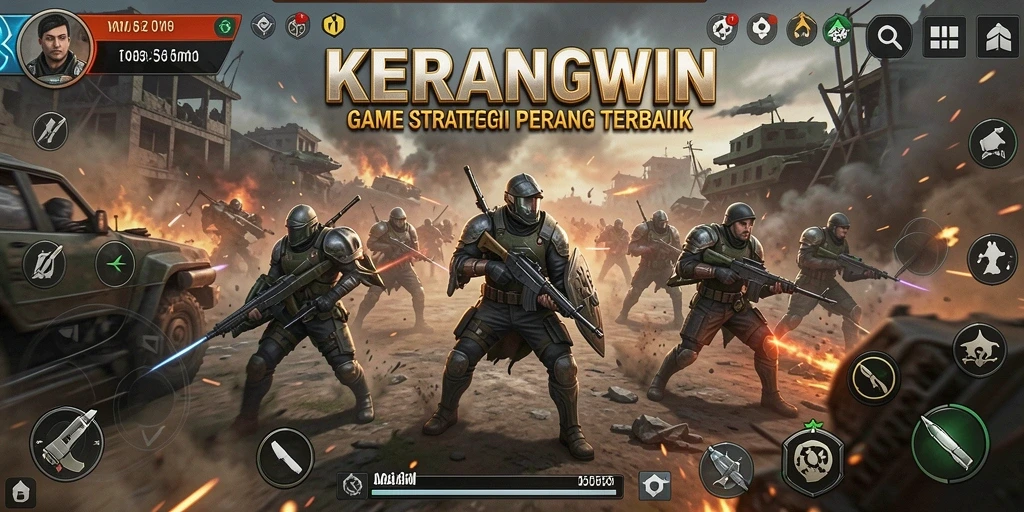 Tampilan gameplay KERANGWIN yang menampilkan pertempuran strategis dan pembangunan kerajaan.