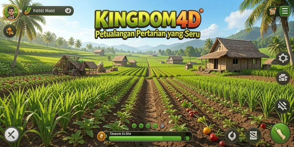 Tampilan gameplay KINGDOM4D dengan ladang yang subur dan tanaman berwarna-warni.