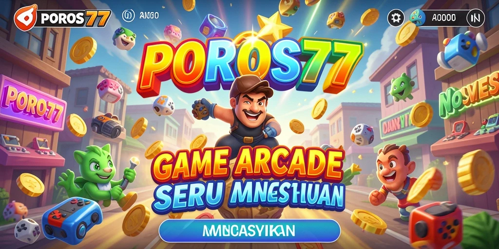 Screenshot utama POROS77 menampilkan gameplay Arcade yang penuh warna dan tantangan.