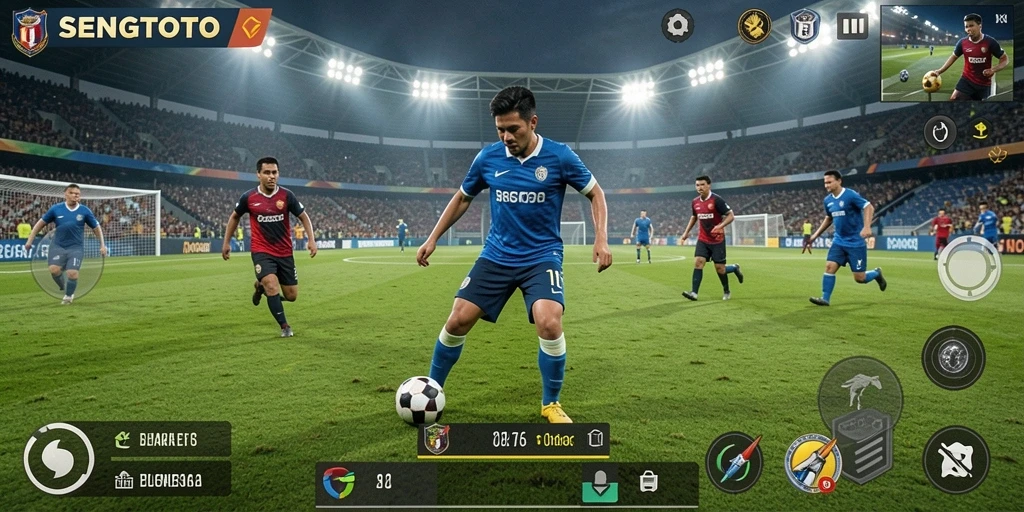 Screenshot dari gameplay SENGTOTO yang menampilkan aksi sepak bola.
